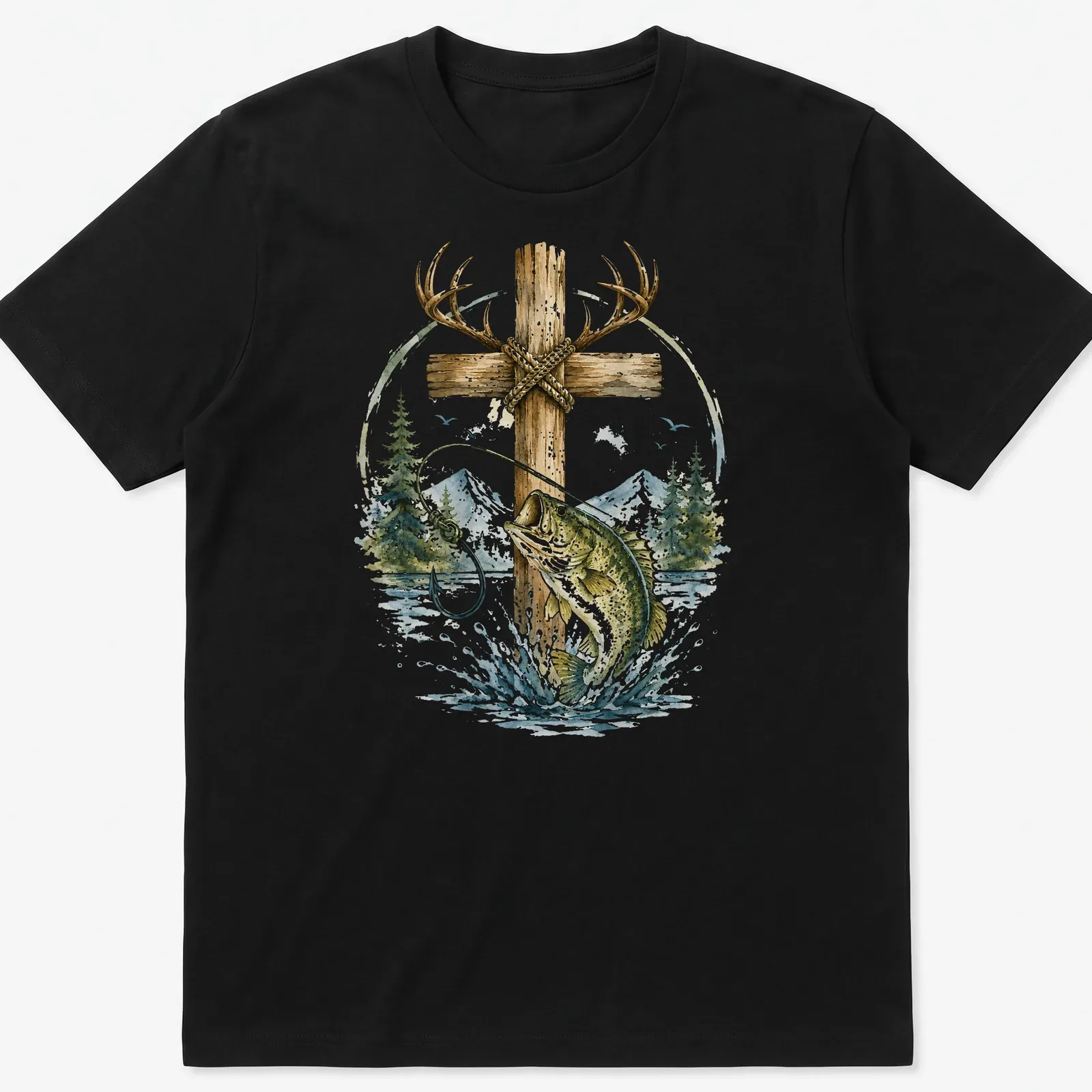 Watercolor print of a bass fish with antlers featuring the word Faith — printed on a unisex t-shirt