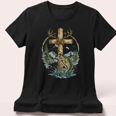 Watercolor print of a bass fish with antlers featuring the word Faith — printed on a women's shirt