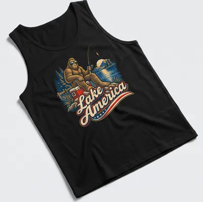 Vintage illustration of Bigfoot fishing at Lake America with colorful details — printed on a tank top