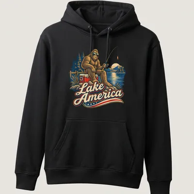Vintage illustration of Bigfoot fishing at Lake America with colorful details — printed on a unisex hoodie