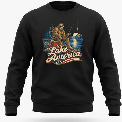 Vintage illustration of Bigfoot fishing at Lake America with colorful details — printed on a unisex sweatshirt