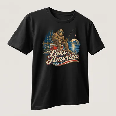 Vintage illustration of Bigfoot fishing at Lake America with colorful details — printed on a unisex t-shirt (angled view)