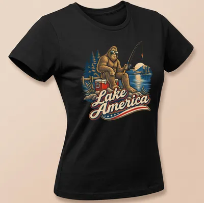 Vintage illustration of Bigfoot fishing at Lake America with colorful details — printed on a women's shirt