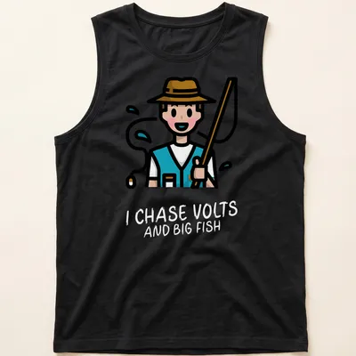 Kawaii line-art T-shirt featuring fishing gear and text about volts and fish — printed on a tank top