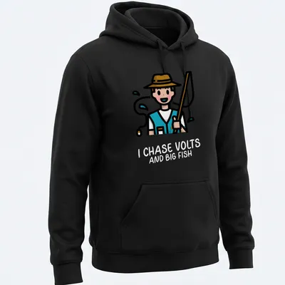 Kawaii line-art T-shirt featuring fishing gear and text about volts and fish — printed on a unisex hoodie