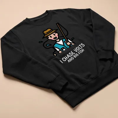 Kawaii line-art T-shirt featuring fishing gear and text about volts and fish — printed on a unisex sweatshirt