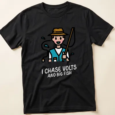 Kawaii line-art T-shirt featuring fishing gear and text about volts and fish