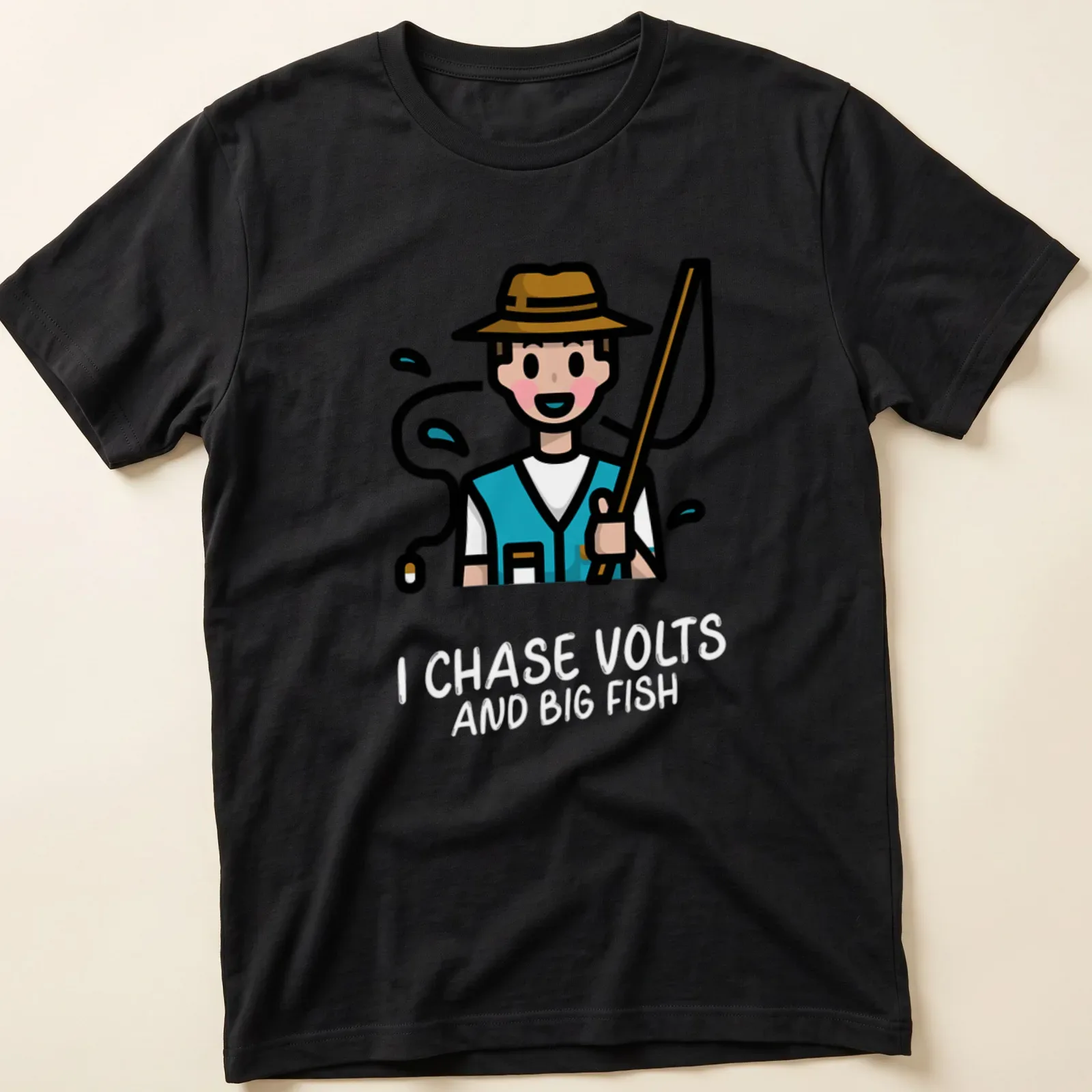 Kawaii line-art T-shirt featuring fishing gear and text about volts and fish — printed on a unisex t-shirt