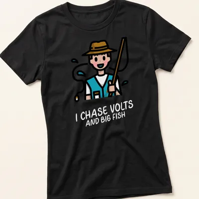 Kawaii line-art T-shirt featuring fishing gear and text about volts and fish — printed on a women's shirt