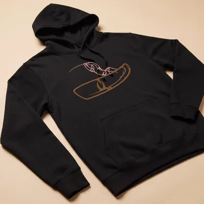 Minimalist line-art fishing design with bold text in brown and pink — printed on a unisex hoodie