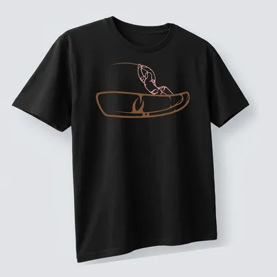 Minimalist line-art fishing design with bold text in brown and pink — printed on a unisex t-shirt (angled view)