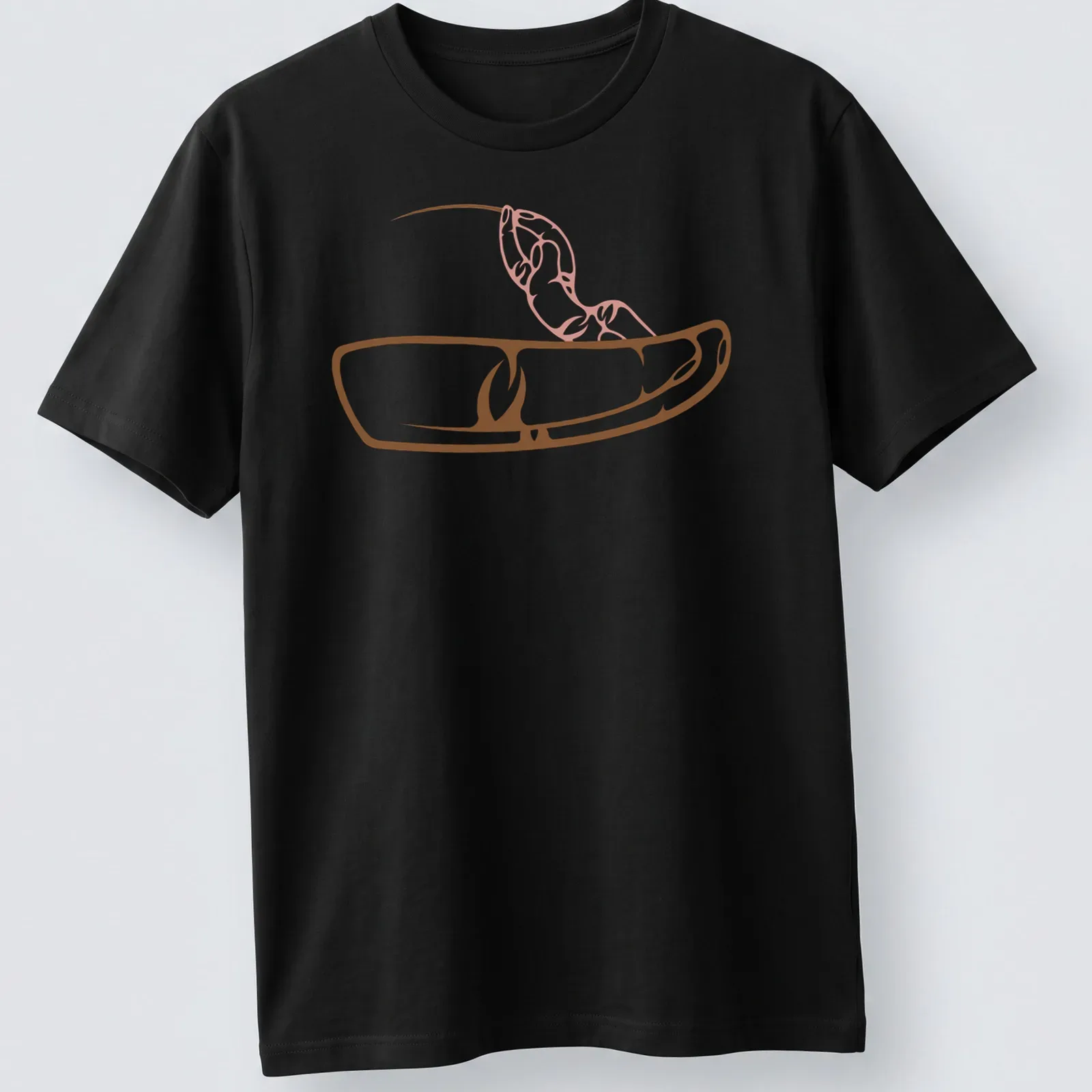 Minimalist line-art fishing design with bold text in brown and pink — printed on a unisex t-shirt