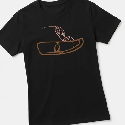 Minimalist line-art fishing design with bold text in brown and pink — printed on a women's shirt