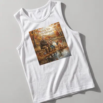 Realistic fishing scene with grandfather, child, dog, and autumn colors — printed on a tank top