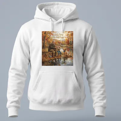 Realistic fishing scene with grandfather, child, dog, and autumn colors — printed on a unisex hoodie