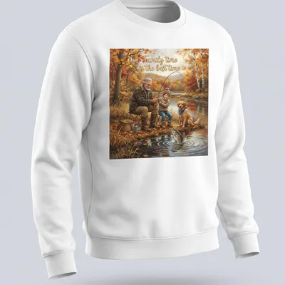 Realistic fishing scene with grandfather, child, dog, and autumn colors — printed on a unisex sweatshirt