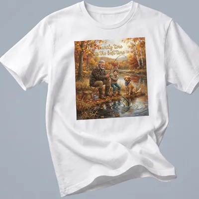 Realistic fishing scene with grandfather, child, dog, and autumn colors