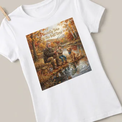 Realistic fishing scene with grandfather, child, dog, and autumn colors — printed on a women's shirt