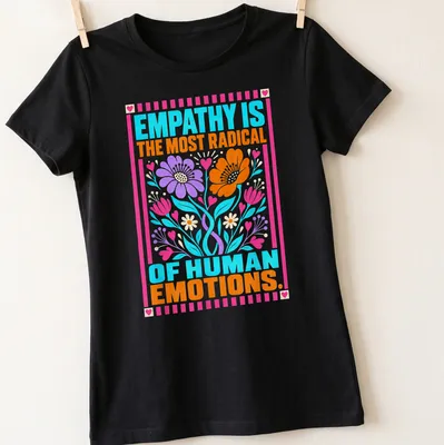 Vibrant floral design with the phrase on empathy in colorful lettering — printed on a women's shirt