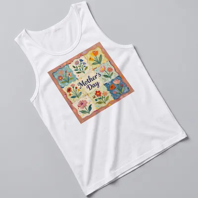 Floral patchwork t-shirt honoring Mother's Day with vibrant colors — printed on a tank top