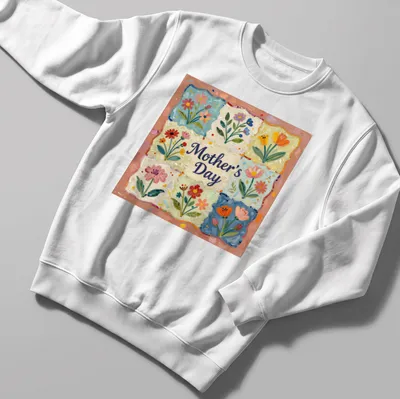 Floral patchwork t-shirt honoring Mother's Day with vibrant colors — printed on a unisex sweatshirt
