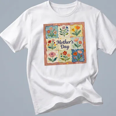 Floral patchwork t-shirt honoring Mother's Day with vibrant colors