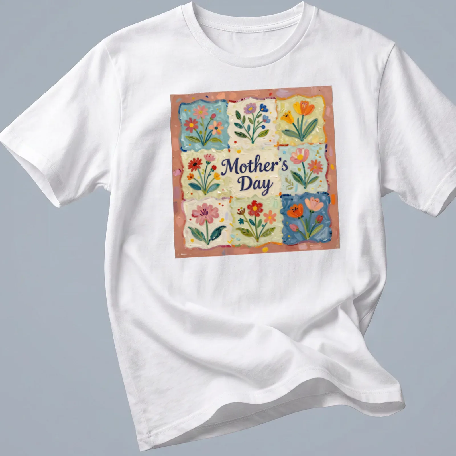 Floral patchwork t-shirt honoring Mother's Day with vibrant colors — printed on a unisex t-shirt