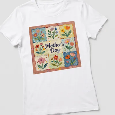 Floral patchwork t-shirt honoring Mother's Day with vibrant colors — printed on a women's shirt