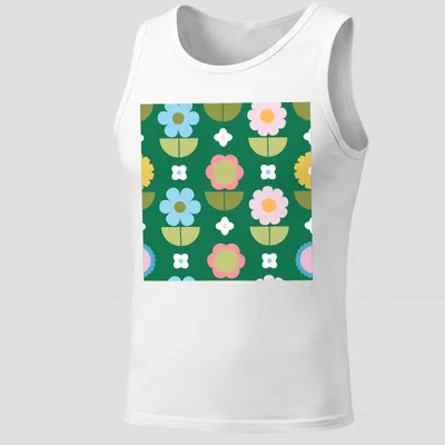 Modern Scandinavian T-shirt featuring a colorful flower field pattern — printed on a tank top