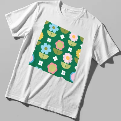 Modern Scandinavian T-shirt featuring a colorful flower field pattern