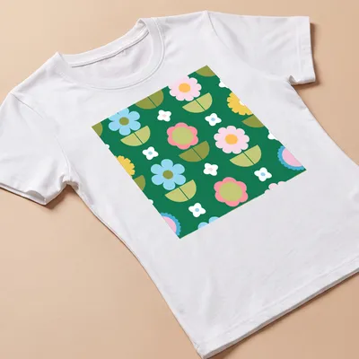 Modern Scandinavian T-shirt featuring a colorful flower field pattern — printed on a women's shirt