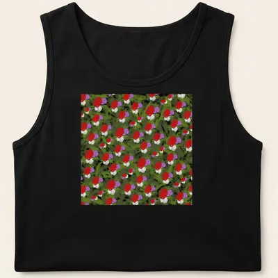 Vibrant floral pattern T-shirt featuring red, purple, white, and green flowers. — printed on a tank top
