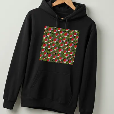 Vibrant floral pattern T-shirt featuring red, purple, white, and green flowers. — printed on a unisex hoodie