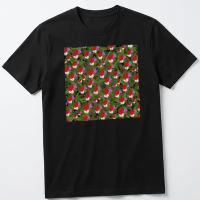 Vibrant floral pattern T-shirt featuring red, purple, white, and green flowers.