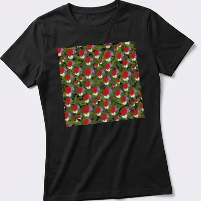 Vibrant floral pattern T-shirt featuring red, purple, white, and green flowers. — printed on a women's shirt