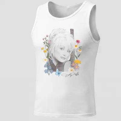 Portrait of Dolly Parton with flowers and butterflies in pastel colors. — printed on a tank top