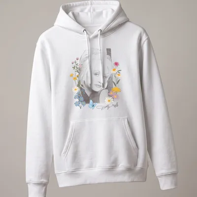 Portrait of Dolly Parton with flowers and butterflies in pastel colors. — printed on a unisex hoodie