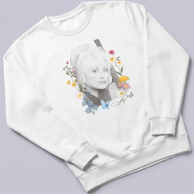 Portrait of Dolly Parton with flowers and butterflies in pastel colors. — printed on a unisex sweatshirt