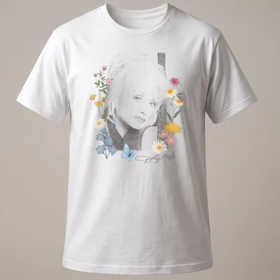 Portrait of Dolly Parton with flowers and butterflies in pastel colors.