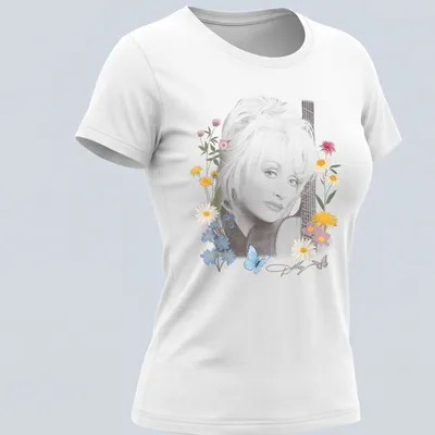 Portrait of Dolly Parton with flowers and butterflies in pastel colors. — printed on a women's shirt