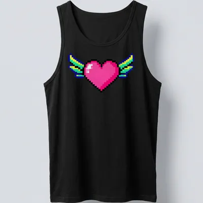 Retro pixel art of a heart with wings in pink, blue, green, and yellow — printed on a tank top
