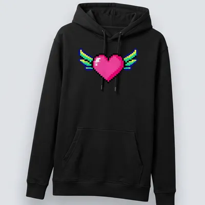 Retro pixel art of a heart with wings in pink, blue, green, and yellow — printed on a unisex hoodie