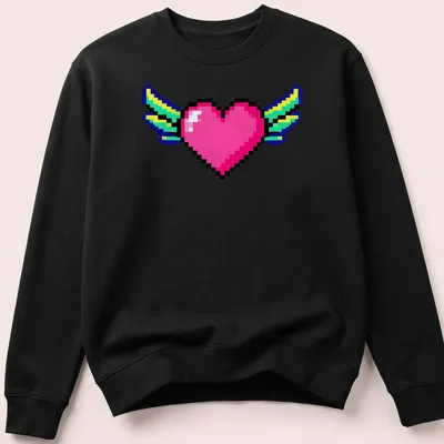 Retro pixel art of a heart with wings in pink, blue, green, and yellow — printed on a unisex sweatshirt