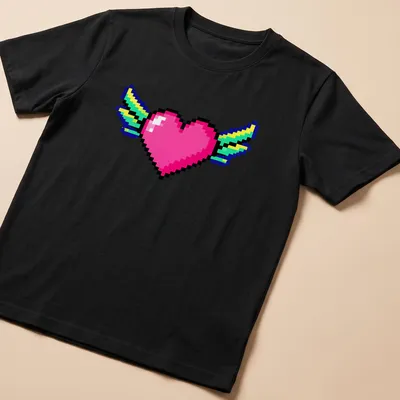 Retro pixel art of a heart with wings in pink, blue, green, and yellow
