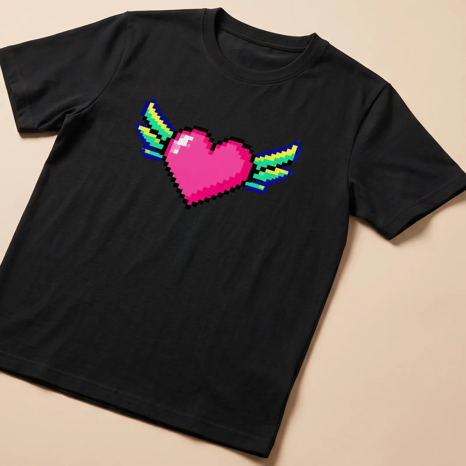 Retro pixel art of a heart with wings in pink, blue, green, and yellow — printed on a unisex t-shirt