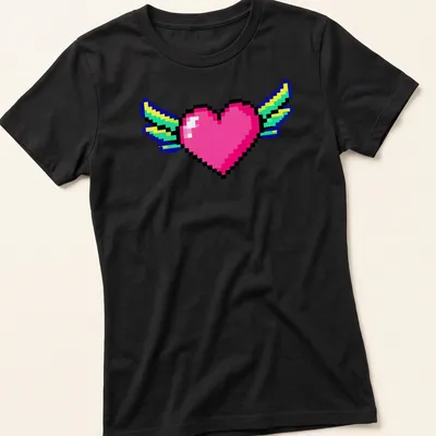 Retro pixel art of a heart with wings in pink, blue, green, and yellow — printed on a women's shirt