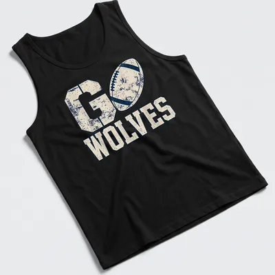 Vintage distressed shirt with 'Go Wolves' in navy blue on cream and beige background. — printed on a tank top