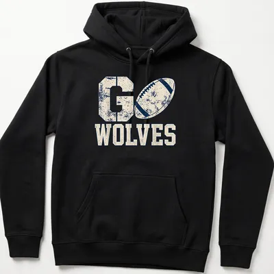 Vintage distressed shirt with 'Go Wolves' in navy blue on cream and beige background. — printed on a unisex hoodie