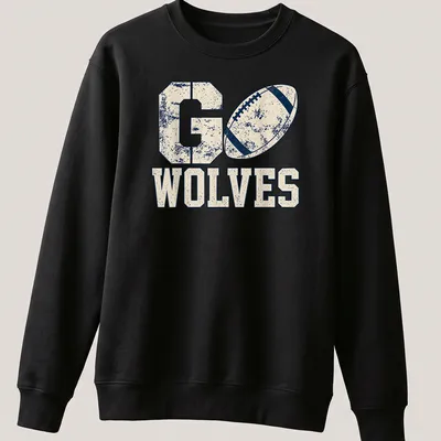 Vintage distressed shirt with 'Go Wolves' in navy blue on cream and beige background. — printed on a unisex sweatshirt