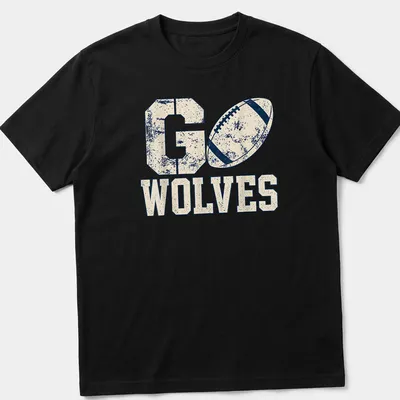 Vintage distressed shirt with 'Go Wolves' in navy blue on cream and beige background.